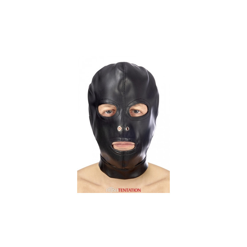 Cagoule BDSM 3 ouvertures en simili cuir - Fetish Tentation