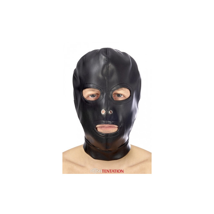 Cagoule BDSM 3 ouvertures en simili cuir - Fetish Tentation