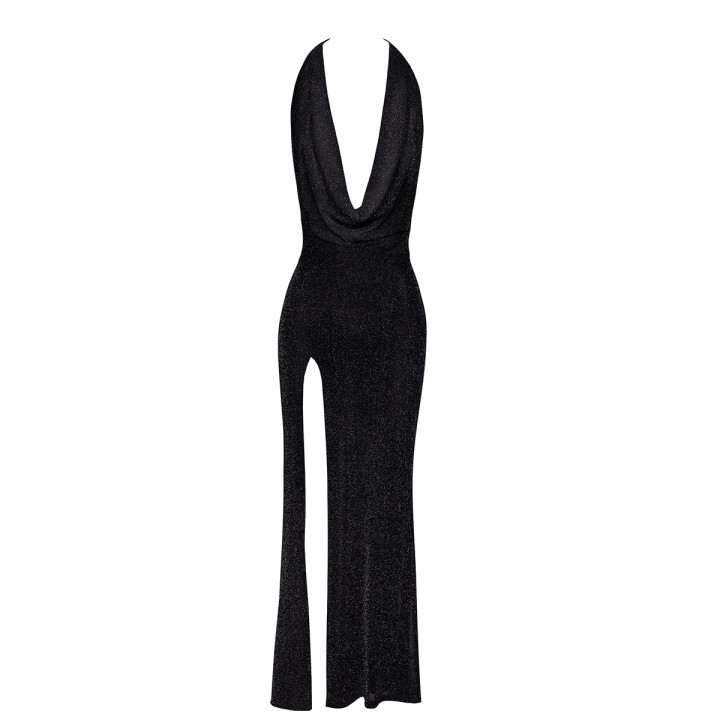 Robe longue fendue Onyx F373 - Noir Handmade
